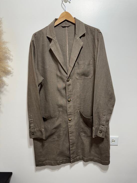Zara Jackets & Blazers - Zara Brown 100% Linen Rustic Relaxed Utility Long Coat Size Large Front Button